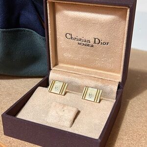 Vintage Christian Dior Monsieur Cufflinks Gold Tone Ribbed Logo Boxed Preppy